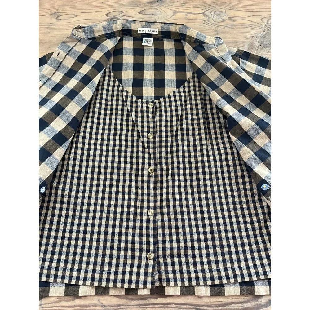 VTG 90s Maggie & Max Button Up Shirt Womens S  Navy Buffalo Plaid Embroidered - Picture 7 of 7